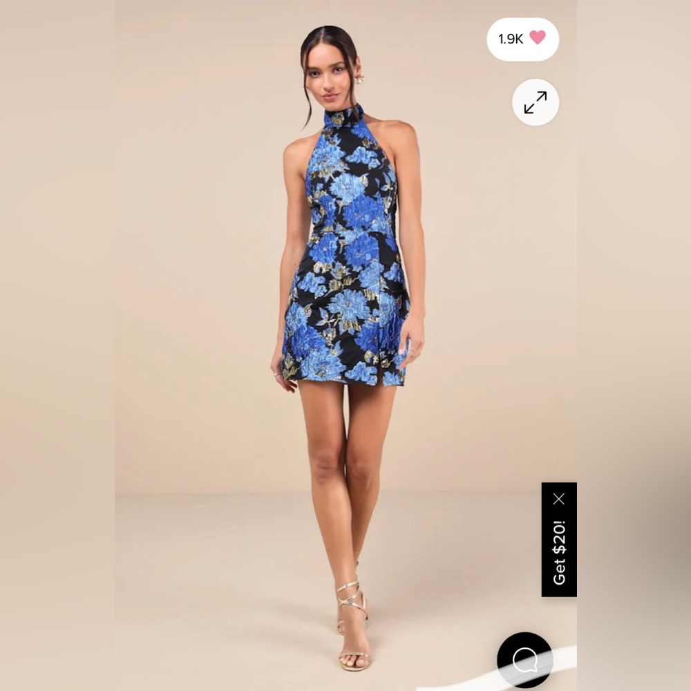 Lulu’s Floral Jacquard Halter Mini Dress - Gold, Blue, and Black